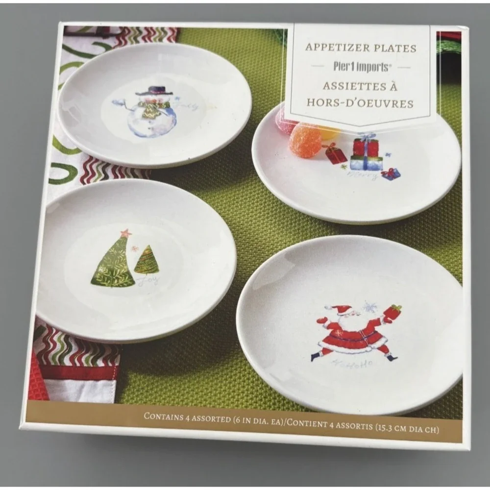 Pier 1 Imports‎ Set of 4 Christmas Appetizer Plates Ceramic Winter Snowman Santa